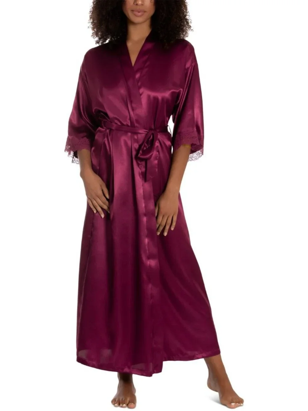 Linea Donatella Womens Lace-Trim Long Charmeuse Satin Wrap Robe